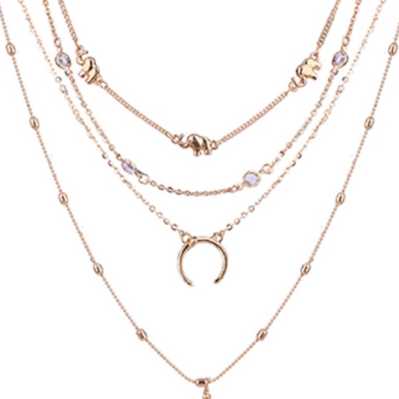 Gold Elephant Crescent Horn Beaded Layered Choker - Picture 2 of 4